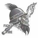 A man in a helmet pours gasoline on the fire, causing it to flare up even hotter. Next to it is the inscription "Fight fire with fire" tattoo design idea