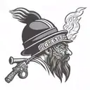 A man in a helmet pours gasoline on the fire, causing it to flare up even hotter. Next to it is the inscription "Fight fire with fire" tattoo design idea