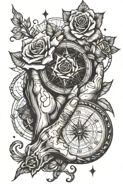memento mori hand reaching each other 1 squeleton hand and 1 normal hand, broken compass , rose growing  tattoo design idea