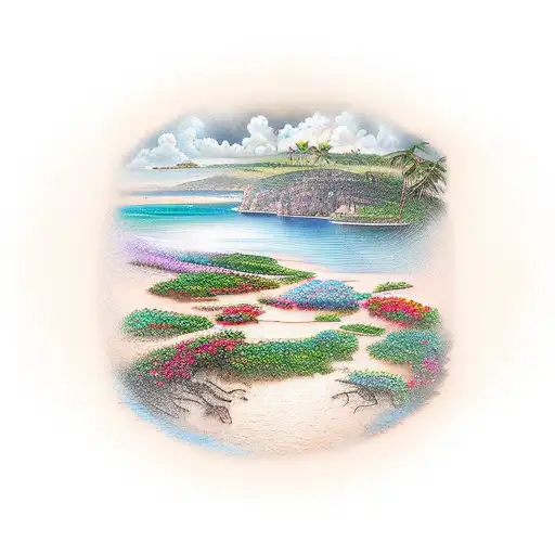 A realistic tattoo of a Cuban landscape, with vibrant colors depicting the nature, sea, and indigenous elements of the country tattoo design idea