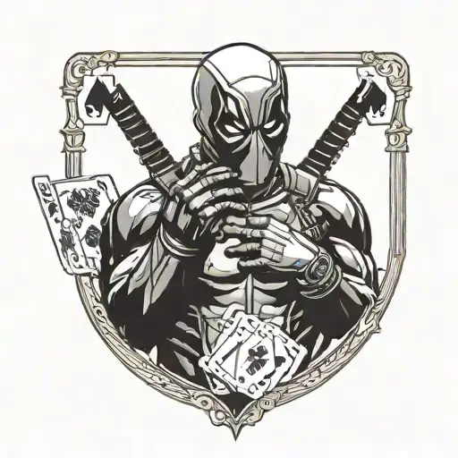 Deadpool showing his face in profile with two cards in his poker hand tattoo design idea