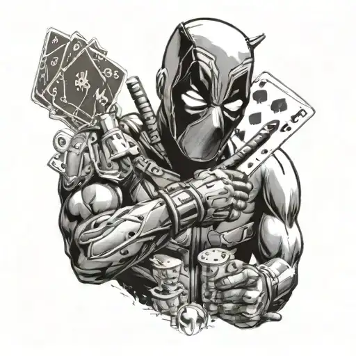 Deadpool showing his face with two cards in his poker hand tattoo design idea