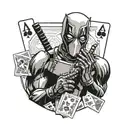 Deadpool showing his face in profile with two cards in his poker hand tattoo design idea