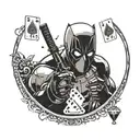 Deadpool showing his face in profile with two cards in his poker hand tattoo design idea