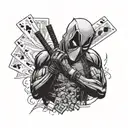 Deadpool showing his face in profile with two cards in his poker hand tattoo design idea