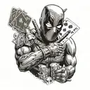 Deadpool showing his face with two cards in his poker hand tattoo design idea