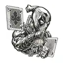 Deadpool showing his face with two cards in his poker hand tattoo design idea