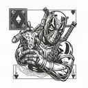Deadpool showing his face with two cards in his poker hand tattoo design idea