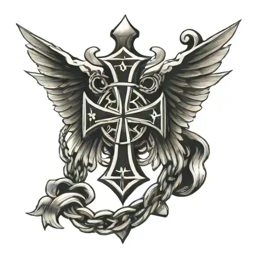 iron cross with wraparound chains and wings tattoo design idea