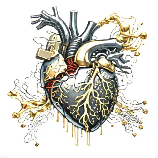 Realistic human heart with a black and gold circuit board inside. wires sticking out all over blood leaking out tattoo design idea