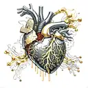 Realistic human heart with a black and gold circuit board inside. wires sticking out all over blood leaking out tattoo design idea