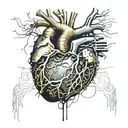 Realistic human heart with a black and gold circuit board inside. wires sticking out all over blood leaking out tattoo design idea