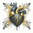 Realistic human heart with a black and gold circuit board inside. wires sticking out all over blood leaking out tattoo design idea