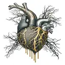 Realistic human heart with a black and gold circuit board inside. wires sticking out all over blood leaking out tattoo design idea