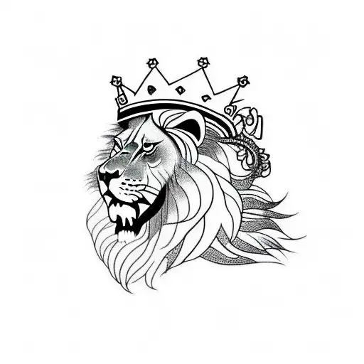 A fierce lion with a crown representing strength and leadership tattoo design idea