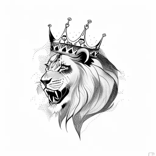 A fierce lion with a crown representing strength and leadership tattoo design idea