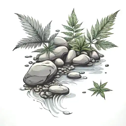 river with pebbles seemed by cannabis plants  tattoo design idea