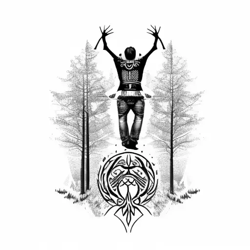 a shoulder sleeve with two woodland pictures merged together with a teeter totter balancing  tattoo design idea