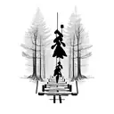 a shoulder sleeve with two woodland pictures merged together with a teeter totter balancing  tattoo design idea