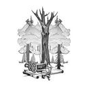 a shoulder sleeve with two woodland pictures merged together with a teeter totter balancing  tattoo design idea