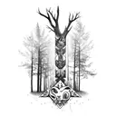 a shoulder sleeve with two woodland pictures merged together with a teeter totter balancing  tattoo design idea