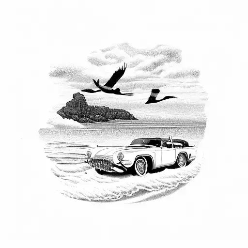 An intricate design featuring a vintage car driving along the rugged coastline of Cape Breton Nova Scotia, with seagulls soaring above. tattoo design idea