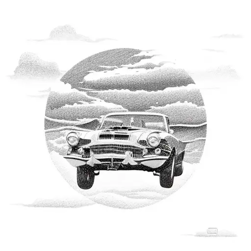 An intricate design featuring a vintage car driving along the rugged coastline of Cape Breton Nova Scotia, with seagulls soaring above. tattoo design idea