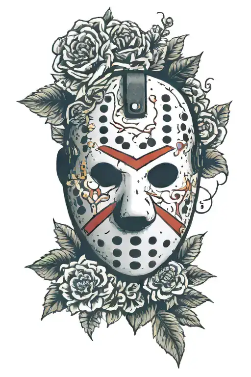 Jason vorhees mask with flowers tattoo design idea