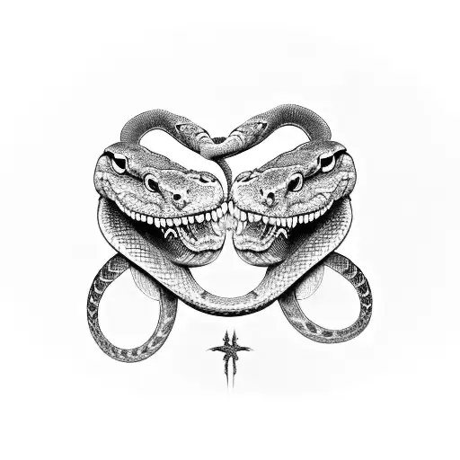 Two realistic snakes with open mouth mirrored to fit hands fists tattoo design idea