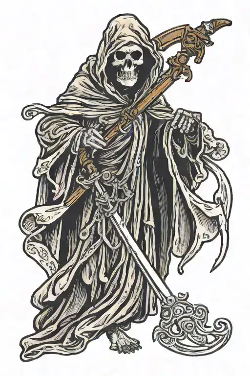 grim reaper with scythe wears Louis Vuitton robe holding tattoo design idea