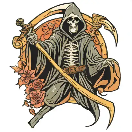 grim reaper with scythe wears Louis Vuitton robe holding tattoo design idea