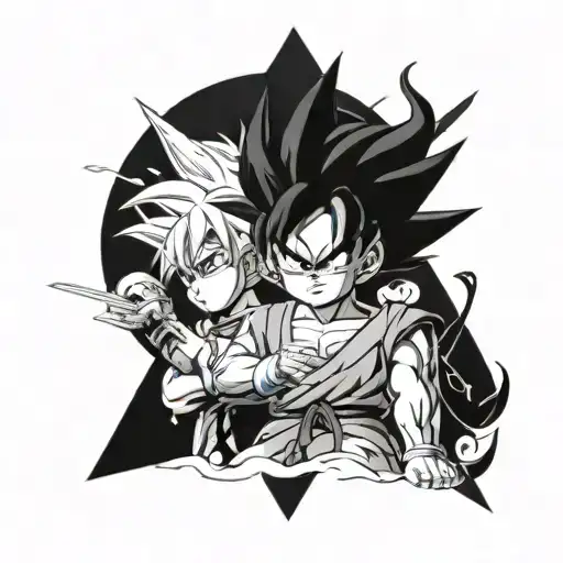 A manga-inspired tattoo combining characters from Dragon Ball Z, Bleach, and Hunter x Hunter in a celestial setting tattoo design idea