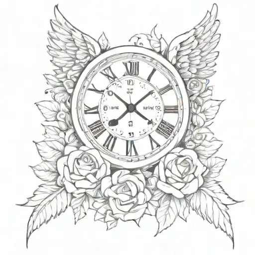 A modern and abstract interpretation of angel wings, adorned with intricate roses and a stylized clock element to commemorate the enduring presence of a cherished sibling tattoo design idea