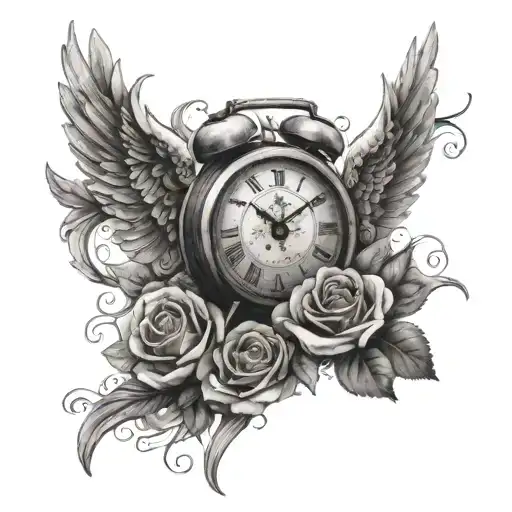 A realistic and detailed tattoo of angel wings with vibrant roses cascading down the arm, with a prominent clock as the centerpiece to honor the memory of a loved one tattoo design idea