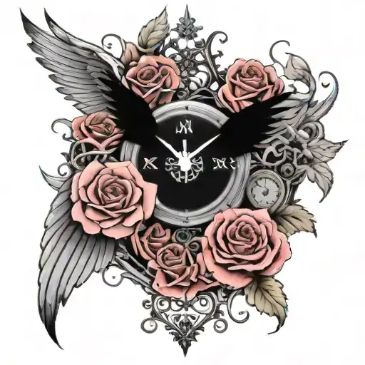 long wings, roses, clock, the letter "K" in the middle tattoo design idea