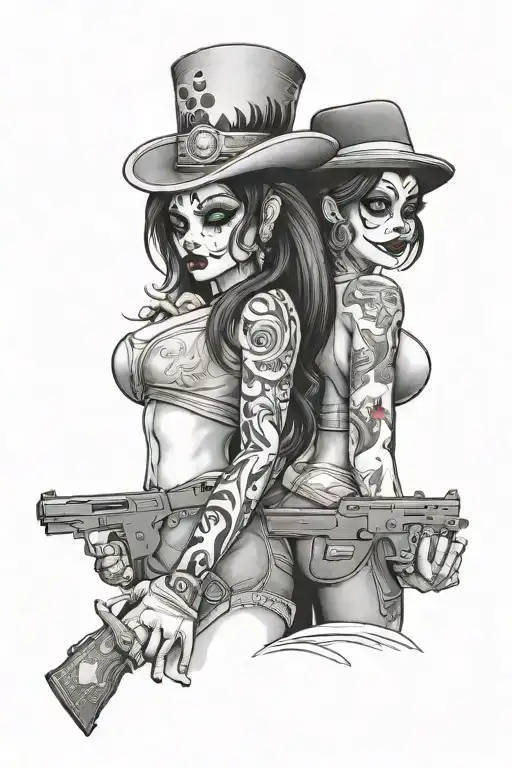 sexy Mexican clown girl holding a 9 mm gun on my upper arm and another sexy Mexican clown girl below her holding money tattoo design idea