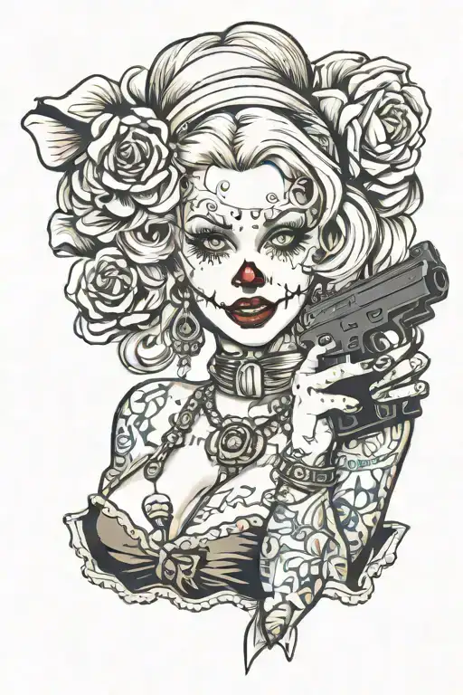 sexy blonde Mexican clown pin up girl holding a 9 mm pistol. swap her face with a picture of my face. fill in space  tattoo design idea