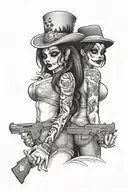 sexy Mexican clown girl holding a 9 mm gun on my upper arm and another sexy Mexican clown girl below her holding money tattoo design idea