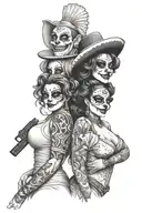 sexy Mexican clown girl holding a 9 mm gun on my upper arm and another sexy Mexican clown girl below her holding money tattoo design idea