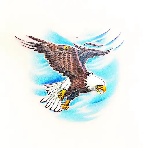 Traditional-style tattoo of a majestic bald eagle soaring over a river tattoo design idea