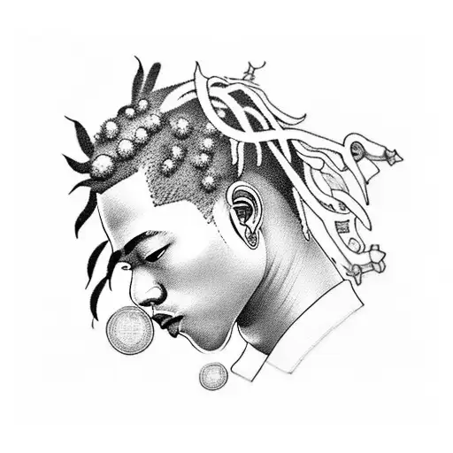 A blackwork tattoo featuring XXxtentacion's iconic face surrounded by musical notes and the Japanese kanji for 'music' tattoo design idea