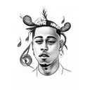 A blackwork tattoo featuring XXxtentacion's iconic face surrounded by musical notes and the Japanese kanji for 'music' tattoo design idea