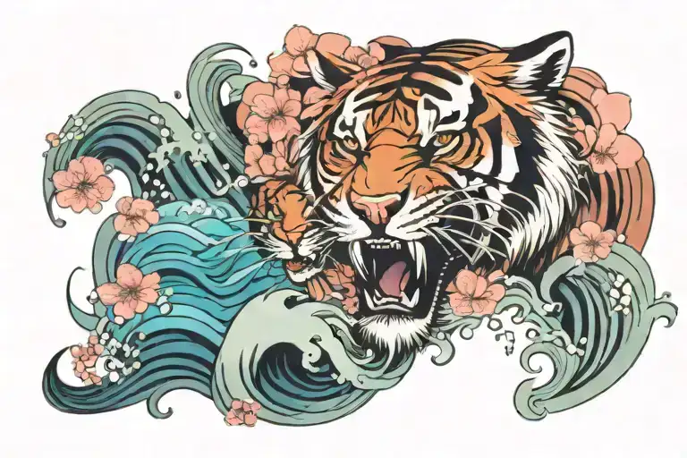 tiger roaring waves crashing sakura flowers tattoo design idea