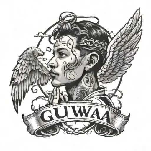 angel praying handwhith the name guwa tatted on his face above is eyebrow and clouds and the saying don't be a statistic tattoo design idea