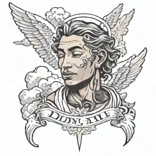 angel praying white the name guwa tatted on his face above is eyebrow and clouds and the saying don't be a statistic tattoo design idea