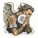 angel praying handwhite the name guwa tatted on his face above is eyebrow and clouds and the saying don't be a statistic tattoo design idea
