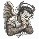 angel praying handwhite the name guwa tatted on his face above is eyebrow and clouds and the saying don't be a statistic tattoo design idea