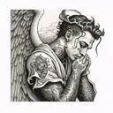 angel praying handwhite the name guwa tatted on his face above is eyebrow and clouds and the saying don't be a statistic tattoo design idea