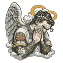 angel praying handwhite the name guwa tatted on his face above is eyebrow and clouds and the saying don't be a statistic tattoo design idea