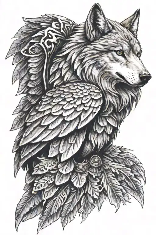 Shoulder armor with a wolf head flanked by a eagle wing tattoo design idea